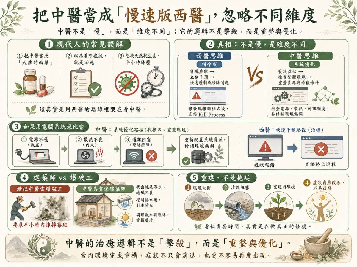 把中醫當成「慢速版西醫」，忽略不同維度