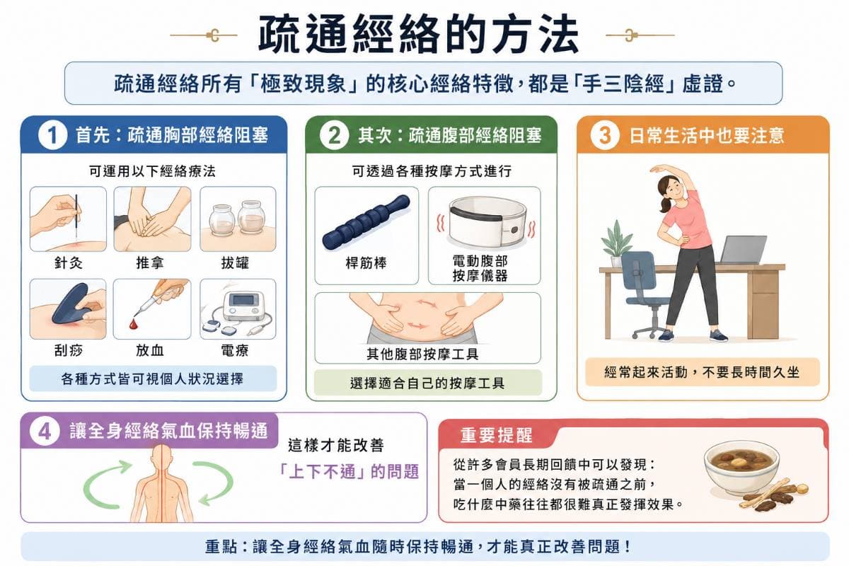 疏通手三陰經虛證，可以運用經絡療法
