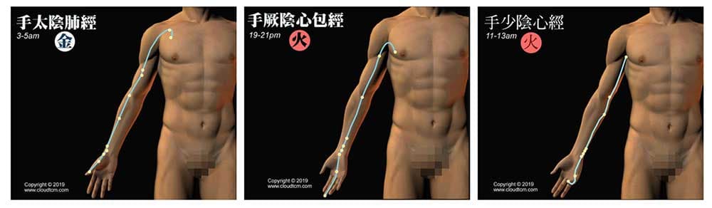 手三陰經行走路線，最終都是通往胸部的心肺部位