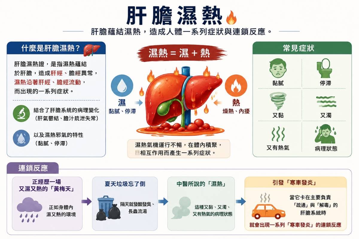 肝氣鬱結,膽汁疏泄失常,濕熱邪氣黏膩停滯