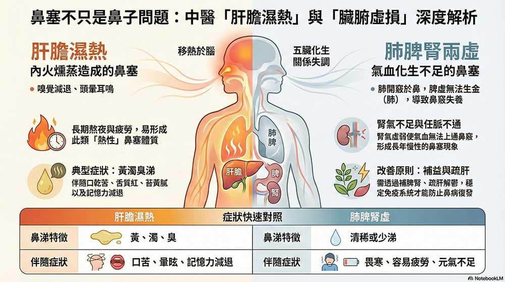 中醫的肝膽或肝腎疾病，也會造成鼻塞