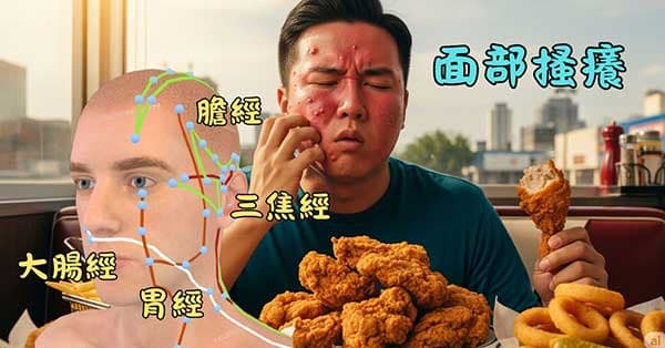 濕熱影響到通往面部的經絡，造成面部發癢