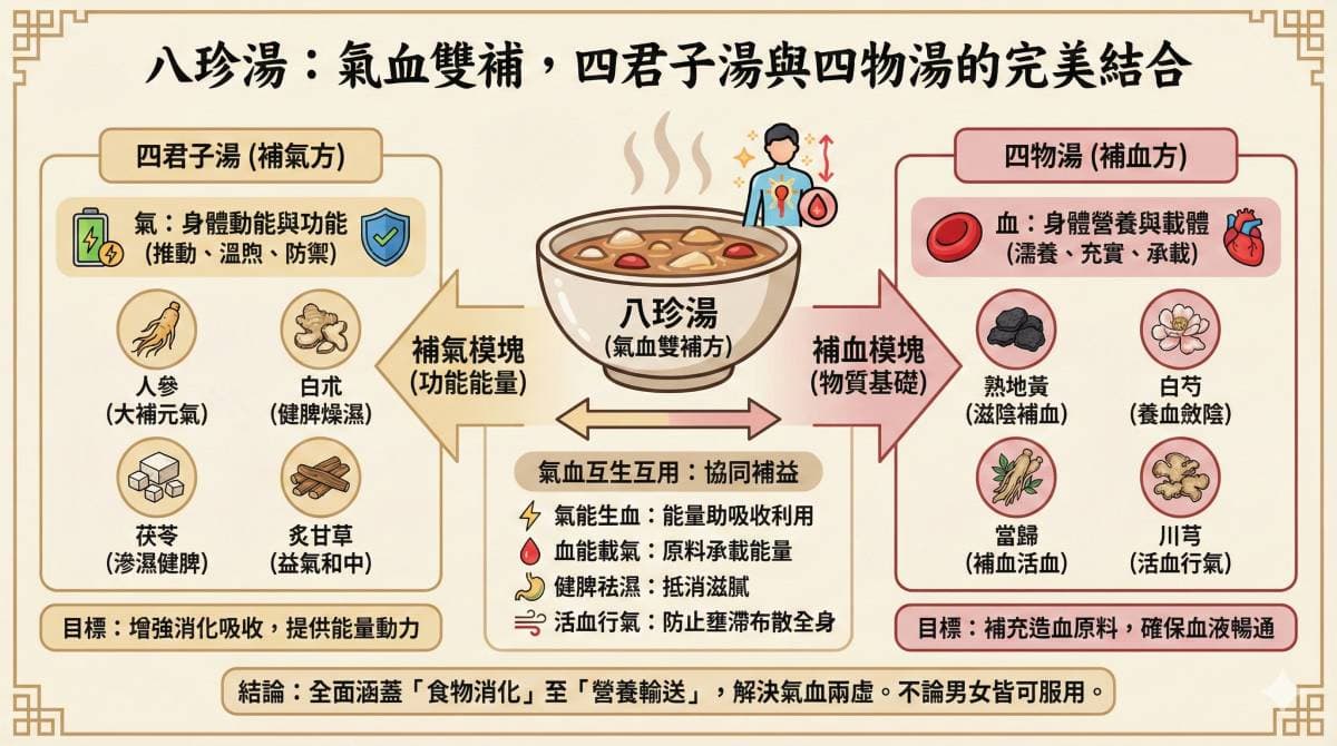 八珍湯氣血雙補，結合四君子湯與四物湯
