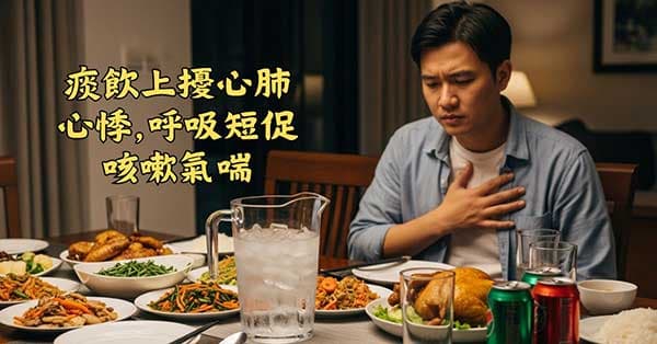 痰飲往上擾動心肺，就會出現心悸、呼吸短促、咳嗽