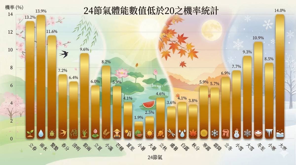 24節氣中，體能數值低於20的機率分布