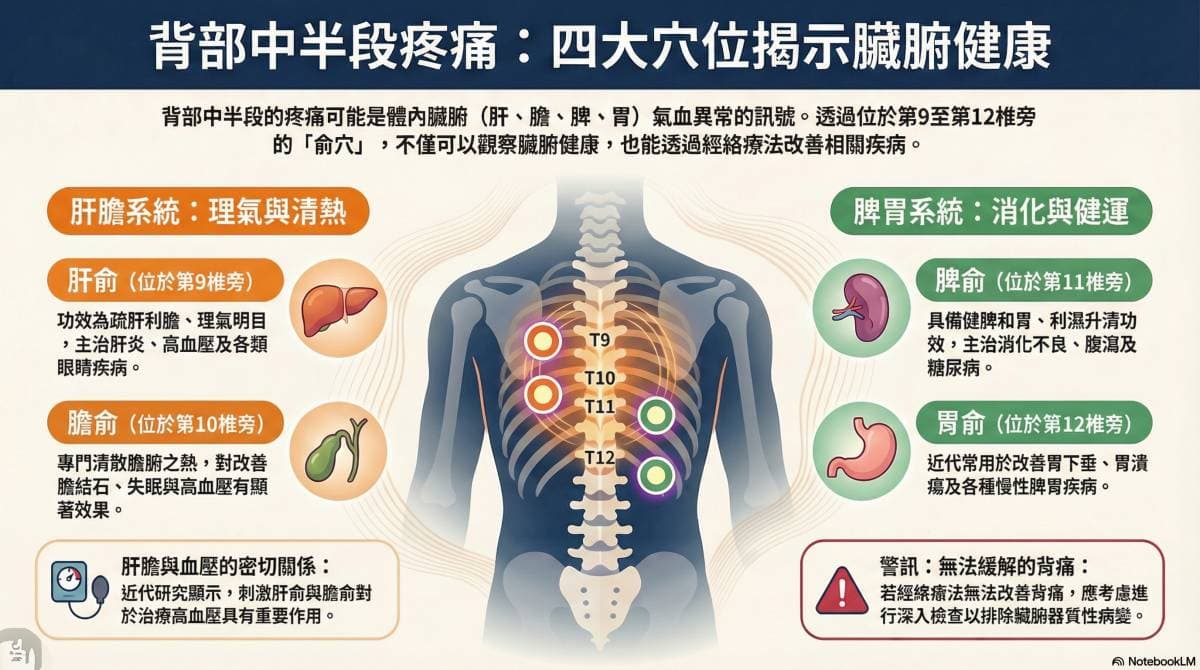 中背部背俞穴阻塞，影響肝膽脾胃