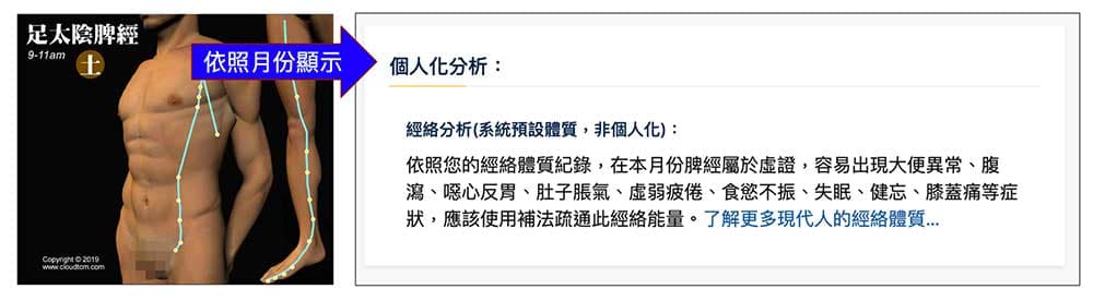 系統會依照月份顯示經絡虛實分析，提供該月份養生參考