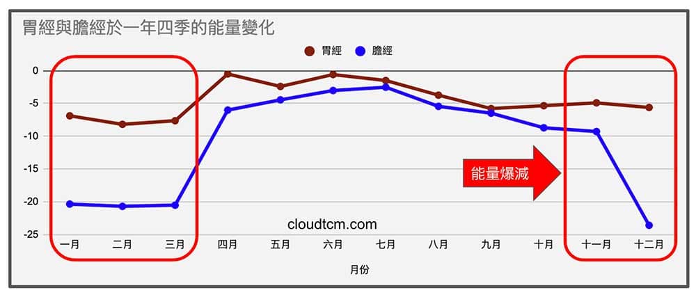 人體膽經與胃經，隨著天氣愈冷能量愈低