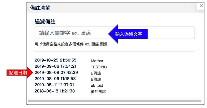 輸入文字後，即可快速過濾備註，找出經絡圖