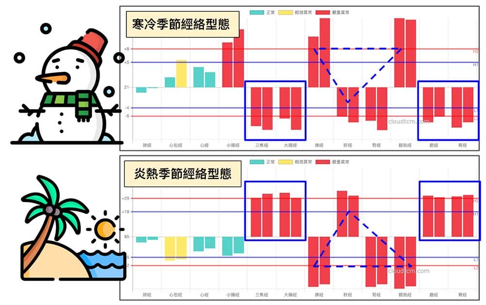 北半球人類依照季節變化出現主要兩種經絡型態