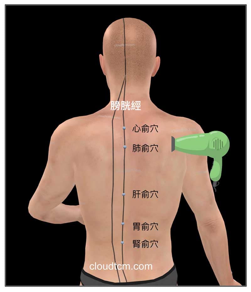 吹風機背後膀胱經附近的經絡穴道