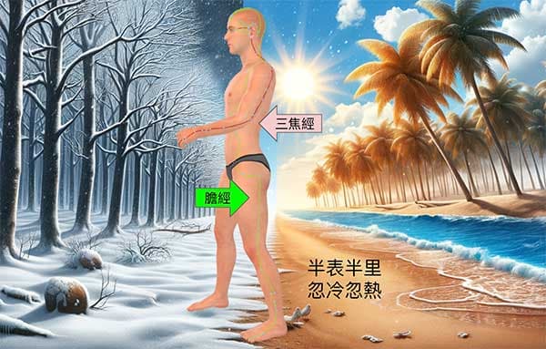 少陽經半表半里，體溫變化反覆交替