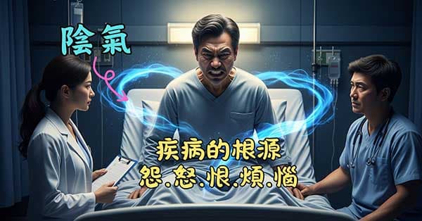 疾病根源於性格缺陷（怨、怒、恨、煩、惱），產生陰氣