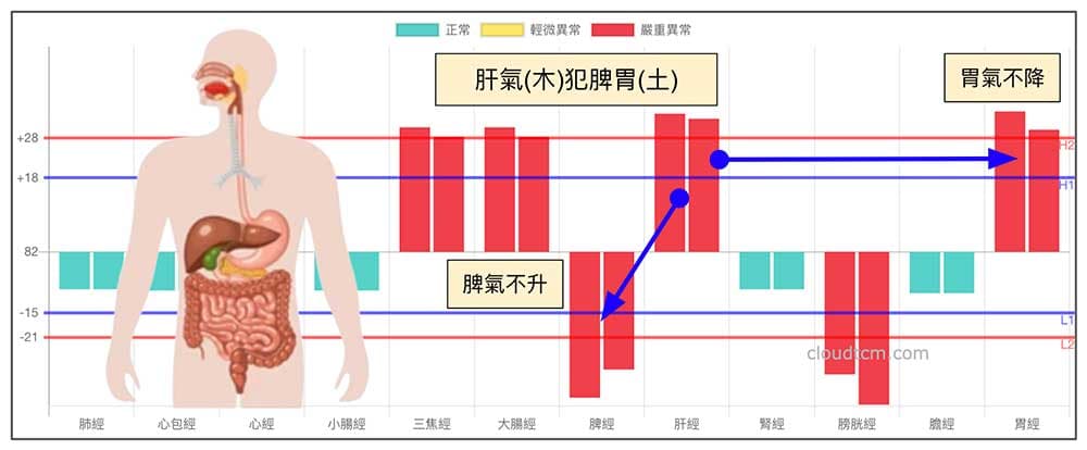 肝氣犯脾胃造成脾氣不升，胃氣不降