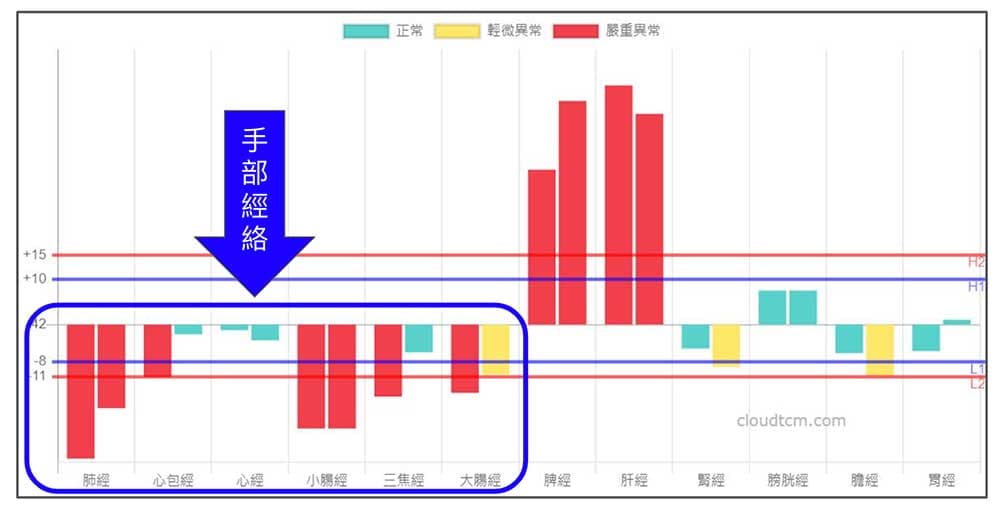 這位會員上半身經絡全部出現虛證