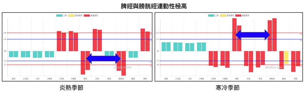 從大量經絡數據發現，脾經與膀胱經連動性極高