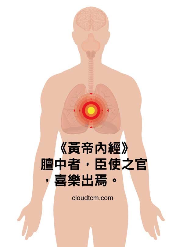 《黃帝內經》提到「膻中者，臣使之官，喜樂出焉。」