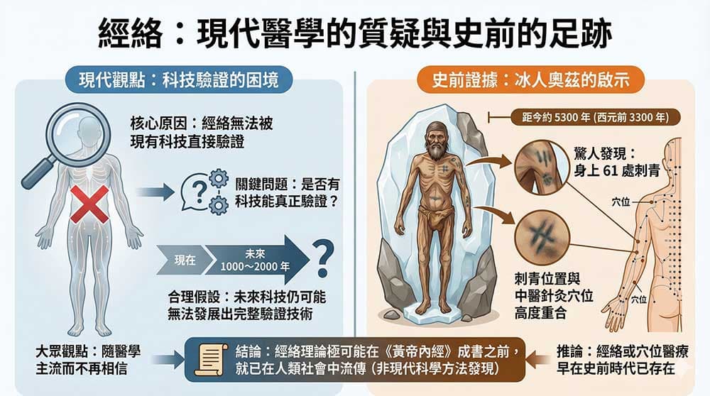 遠在黃帝內經已經發表之前，就已經有經絡的紀錄