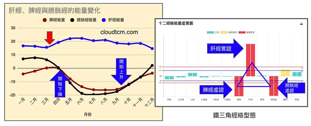 肝經、脾經與膀胱經的走勢，經常會呈現出一種三角形