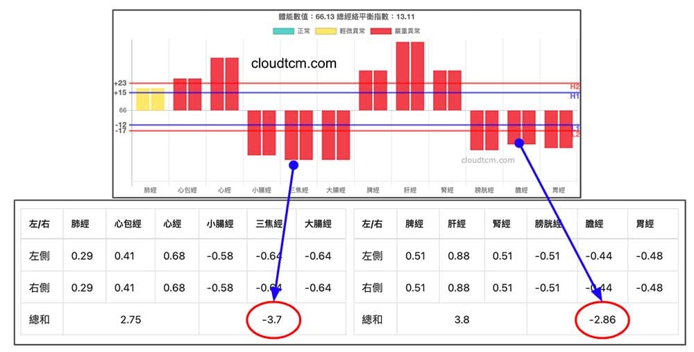 陽虛的經絡平衡指數，手腳都是小於0