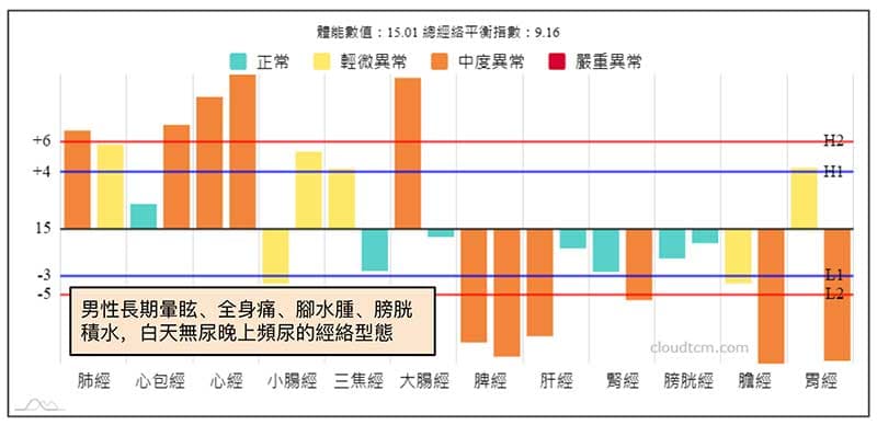 長期暈眩、腳水腫、全身酸痛、小便不利經絡型態