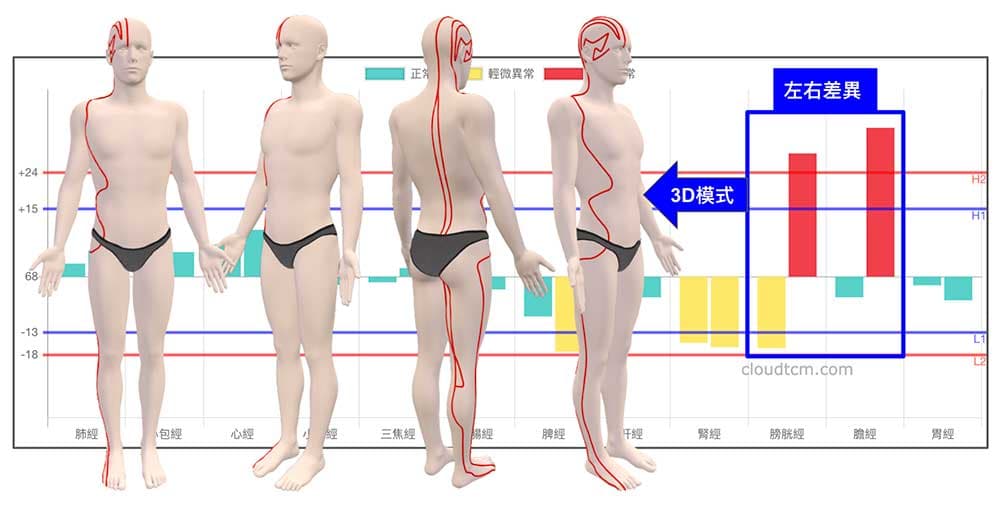 開啟3D模式可以清楚看到經絡左右差距現象