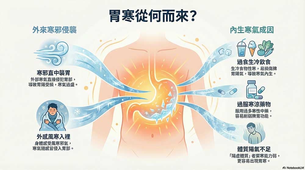 脾胃陽氣不足時，會出現胃寒證