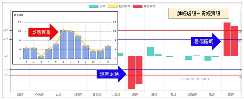 夏季暑傷陽明、濕困太陰的經絡現象