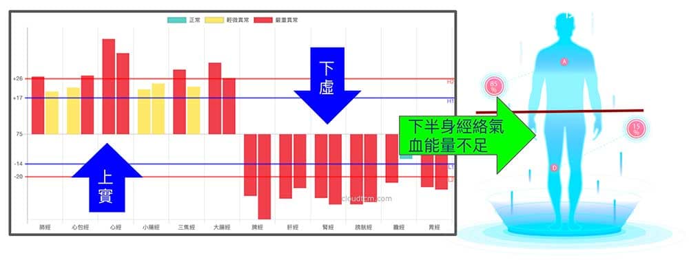 上實下虛經絡型態,下半身經絡氣血能量不足