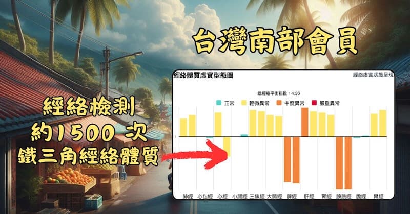 台灣南部會員,直至2025年檢測約1500次,呈現鐵三角經絡體質