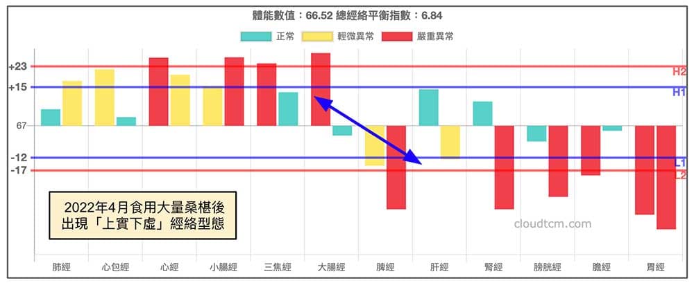 食用大量桑椹後,開始出現「上實下虛」經絡型態