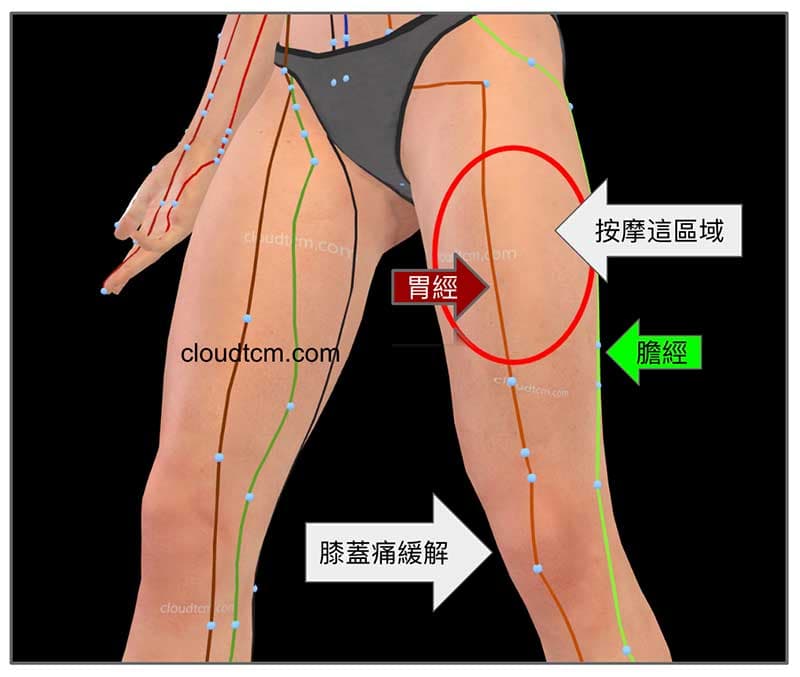 按摩大腿膽經、胃經肌肉緩解膝蓋痛