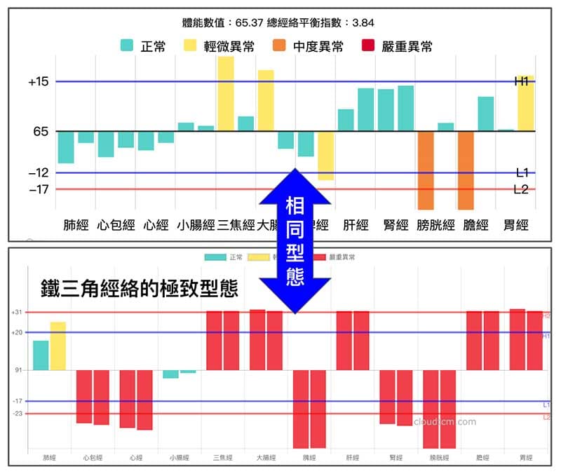 經絡圖具備相同的經絡型態,只是嚴重程度不同