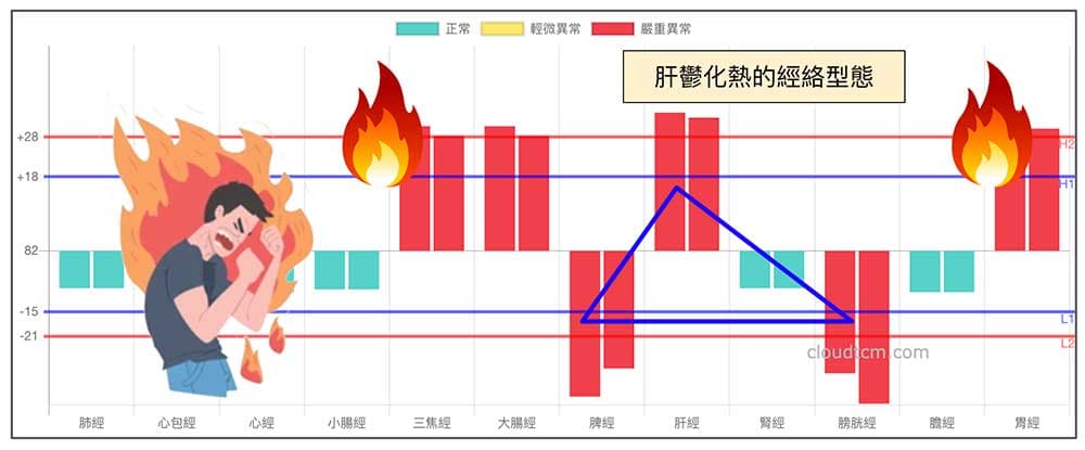鐵三角經絡型態久了之後,自然會出現少陽經、陽明經的實證火熱現象