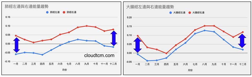 肺經與大腸經，一年四季左右能量差異過大