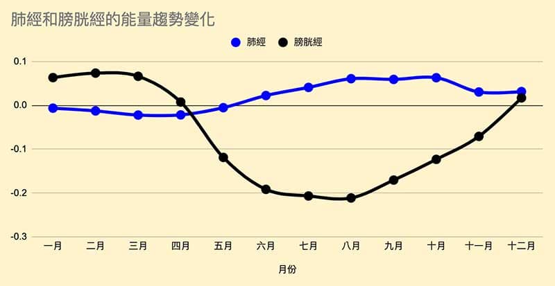 肺經與膀胱經在一年四季的能量趨勢相反