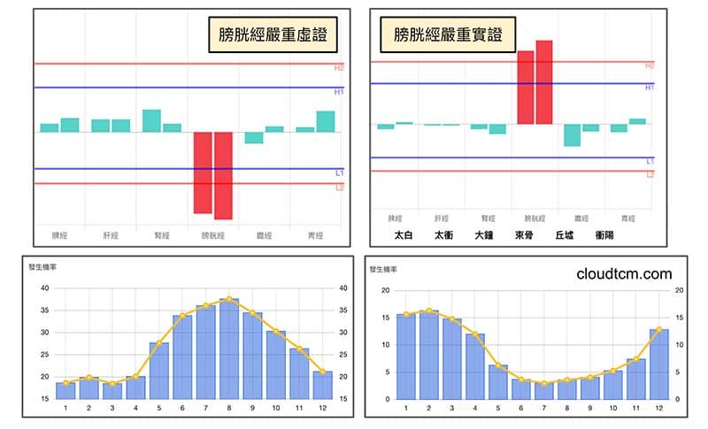 膀胱經出現嚴重實證與虛證機率趨勢