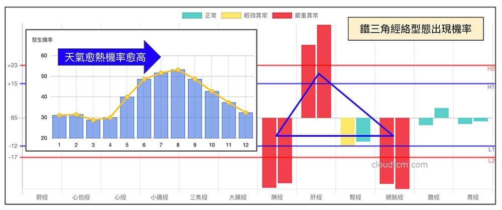 鐵三角經絡型態，在夏天出現機率高於50%