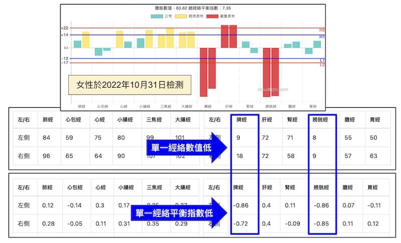 同樣的經絡型態，可以比較經絡平衡指數