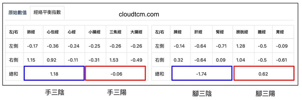 單一經絡平衡指數,依照陰陽屬性加總