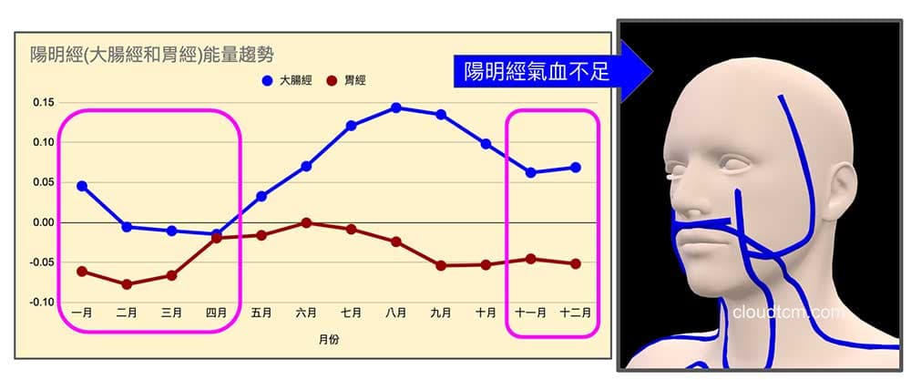 陽明經氣血不足時,提高出現顏面神經麻痺機率