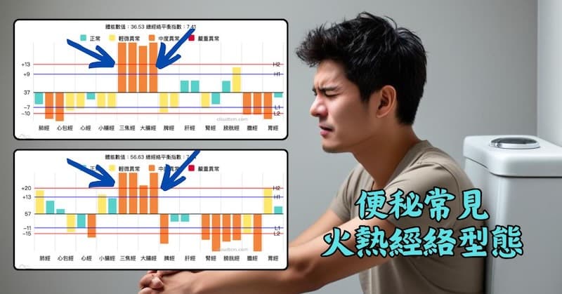 從便秘的經絡數據中,高機率看到火熱經絡型態